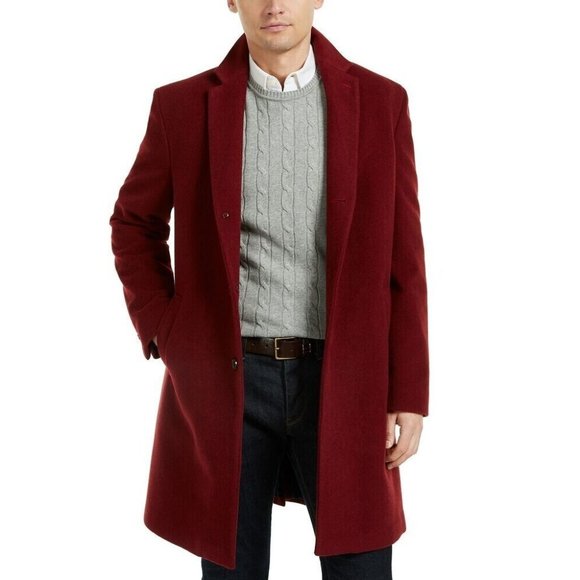 Tommy Hilfiger Men's Addison Wool-Blend Trim Fit Overcoat Red Size 38S MSRP $395